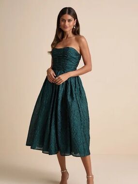 NWT Lulus Analeia Dark Teal Jacquard Lace-Up Strapless Midi Dress